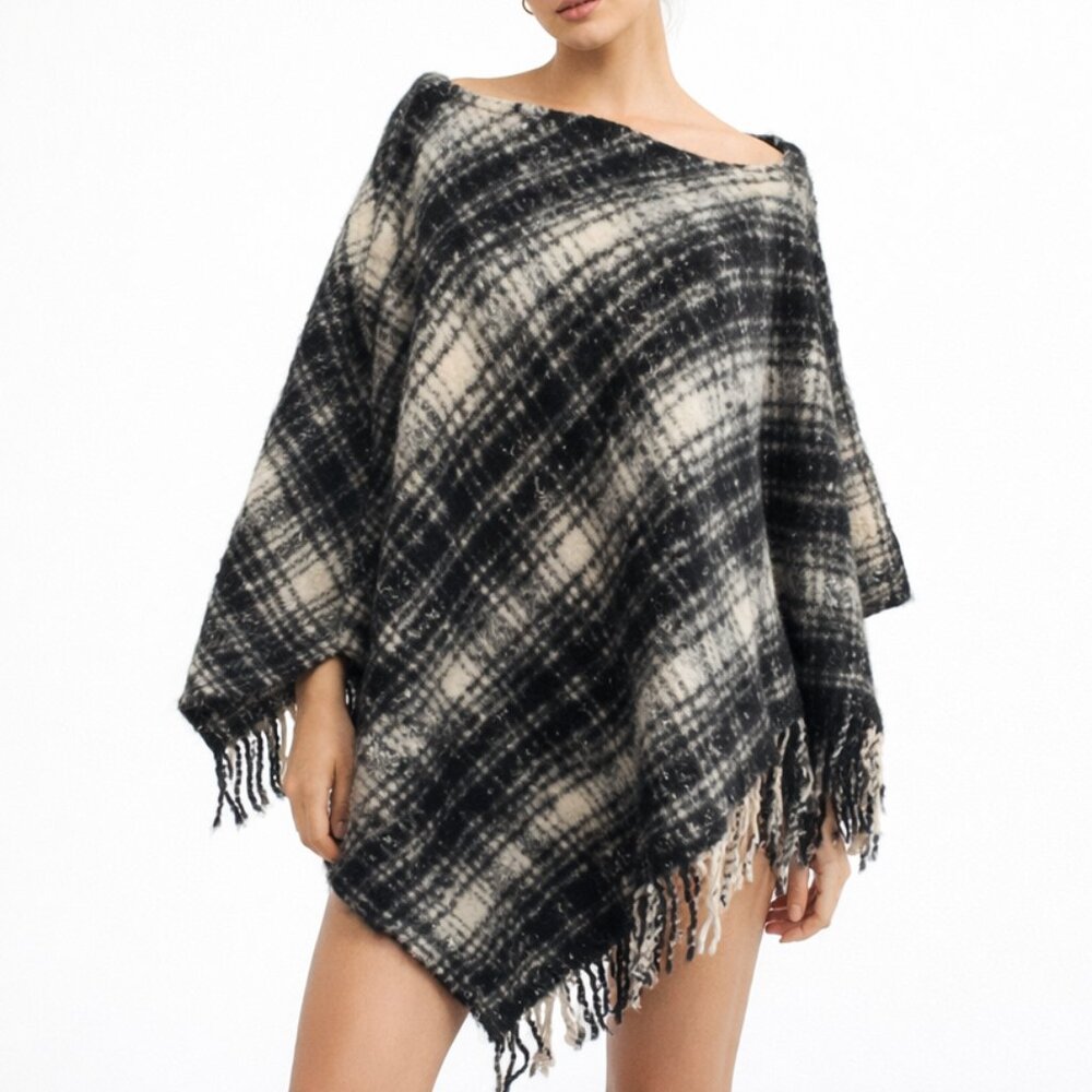 Lauren Ralph Lauren Plaid Fringe Poncho OS Black Cream Boho Wrap Layering Piece